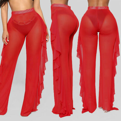 

Fashion Womens See Through Sheer Mesh Ruffle Swimsuits Beach Cover up Pants