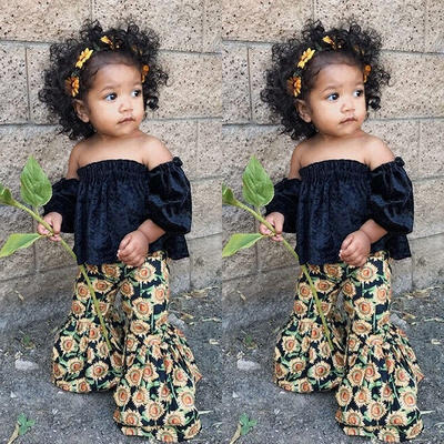 

Toddler Baby Girls Off Shoulder Tops T-shirtSunflower Printed Loose Pants 2Pcs Clothes Fit For 1-6T