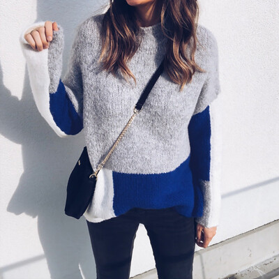 

〖Follure〗 Womens Casual Long Sleeve Jumper O Neck Stitching Color Sweaters Blouse Tops