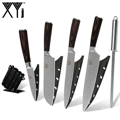 

XYJ Four Piece Kitchen Knife Stainless Steel Blade Kitchen Knives And Handmade Knife Stand Sharpener Bar