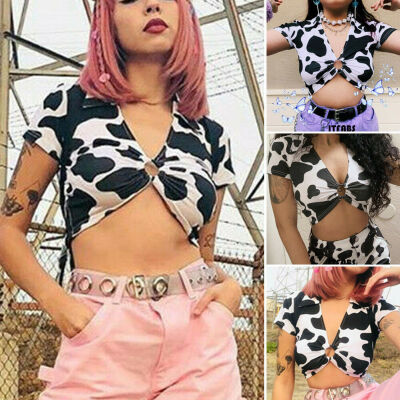 

2019 Womens New Turn-down V-Neck Short Sleeve Cow Pattern Top T-shirt Blouse