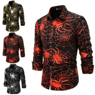 

Men Luxury Spider Print Casual Collared Shirts Long Sleeve Slim Fit T-Shirt Tops