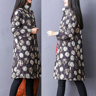 

Toponeto Women Winter Warm Cotton Linen Dot Print Buttons Pockets Long Coat Outwear