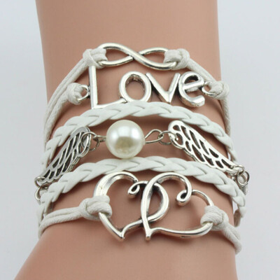 

Fashion Womens Leather Multilayer Cute Infinity Love Heart Wings Charms Bracelet