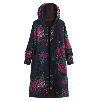 

Toponeto Women Plus Size Button Hooded Cotton Linen Fluffy Print Long Coat Outwear