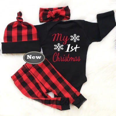 

4Pcs Newborn Baby Girl Boy Tops RomperCheck Long Pants Hat Outfits Clothes