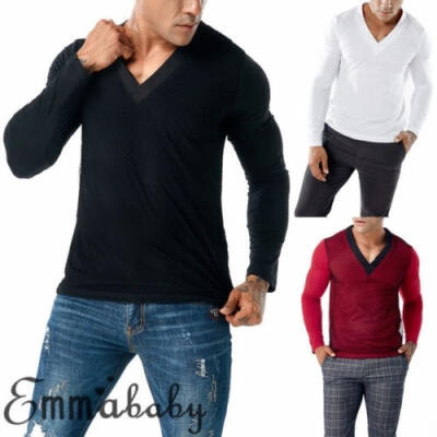 

Fashion Men Slim V-neck Solid color mesh Long Sleeve Display Muscle T-Shirt Casual Top