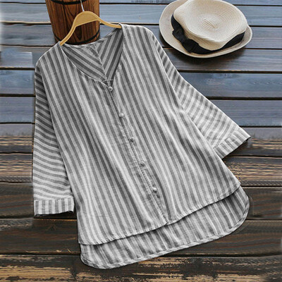 

Nomeni Women Casual Loose Linen Plus Size V Neck Stripe Button Tanic Shirt Blouse Tops