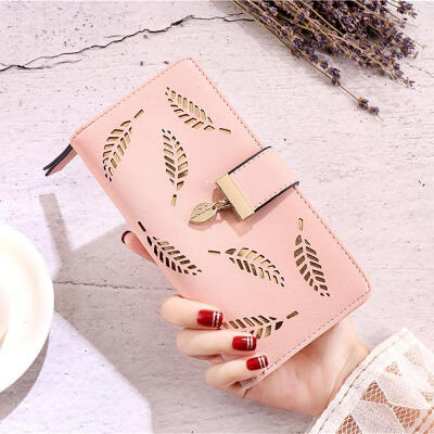 

PU Leather Wallet Hollow Leaf Zipper Wallets Card Holder Purse Long Clutch Handbag For Women