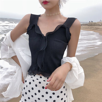 

Women V-Collar Wooden Ear Wrapped Pleated Chest Slim Knitting Vest Bottoming Stretch Sling Bottoming Camisole