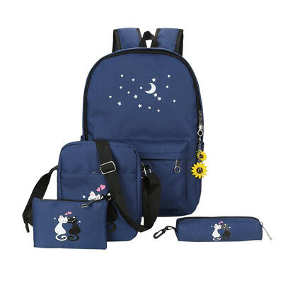 

4Pcs Women Backpacks Cute Cat Printing Canvas Backpacks Ladies School Bags