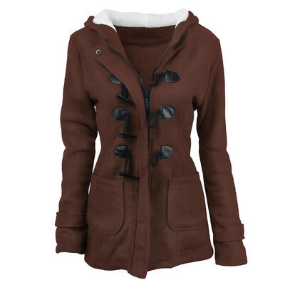 

Warm Solid Color Hooded Trench Coat Horn Buckle Women Outerwear Plus Size