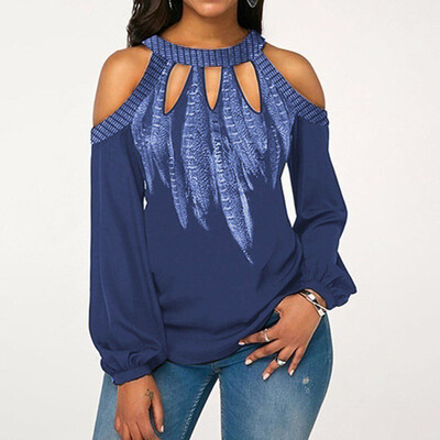 

Women Fashion Loose Casual Long Sleeve Off Shoulder Floral Print Autumn Hollow Out Pullovers Blouse