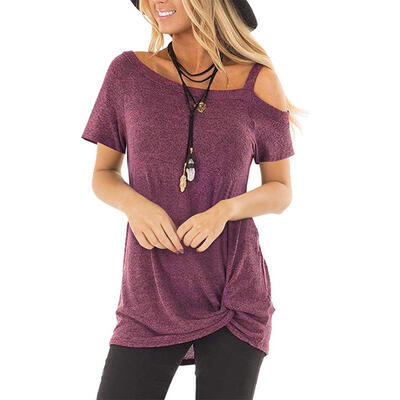 

Solid T-shirt Women Short Sleeve Slip Cold Shoulder Front Knot Slim Tops