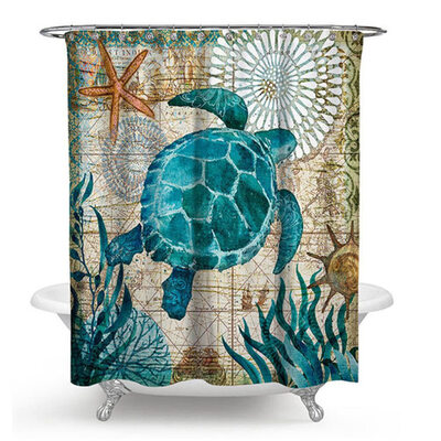 

Sea Turtles Bathroom Polyester Shower Curtain Non Slip Toilet Cover Rugs Mat Set