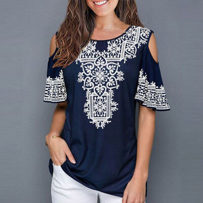 

Nomeni Women Fashion Summer Lady Round Neck Printed Short Sleeve Loose Blouse Shirt Top