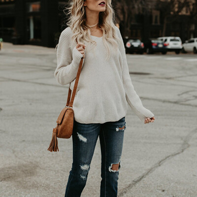 

Womens Loose Pullover Knit Sweater V-neck Solid Color Long Sleeve Casual Tops