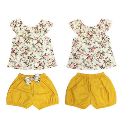 

Infant Baby Girls 2 PCS Set 0-3Y Floral Printed Sleeveless Shirt Bow Solid Short Newborn Baby Girls Summer Clothing Set