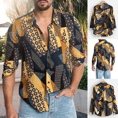 

Tailored Mens Autumn Fashion Loose Casual Daily Lapel Print Long Sleeve Shirt Top Blouse