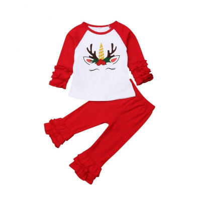 

2Pcs Toddler Kid Baby Girl Christmas Unicorn Tops Ruffle Pants Outfits Set Clothes