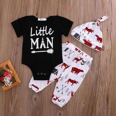 

3PCS Newborn Kids Cotton Clothes Baby Boy Romper Jumpsuit Tops Leggings Pants Hat Outfit Set