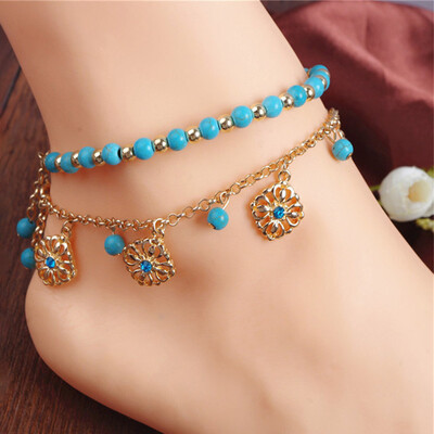 

Sexy Bohemia Foot Chain Turquoises Anklets for Women Love Barefoot Sandals Rose 2-Layer Ankle Bracelets Foot Jewelry