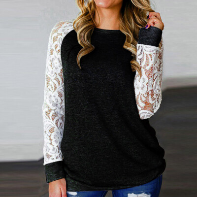 

Tailored Women Fashion Lace Floral Splicing O-Neck Long Sleeve T-Shirt Blouse Tops