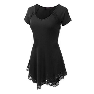 

Starmoon Womens V-neck Solid Color Lace Stitching Irregular Short-Sleeved T-shirt Top
