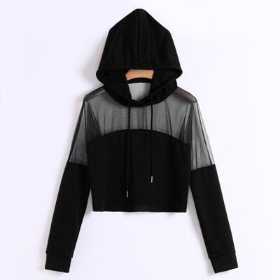 

2019 Women Sweatshirt Sexy Mesh Hoodies Streetwear Harajuku Autumn Patchwork Hoodie Female Cropped Clothes