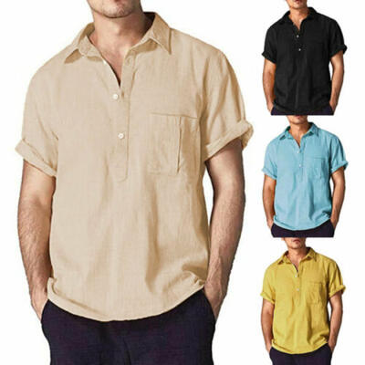 

Mens Linen Short Sleeve Shirt Summer Cool Loose Casual V-Neck Shirts Tops -3XL