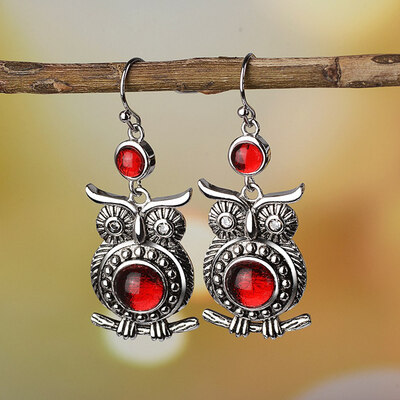 

Vintage Silver Owl Earrings Inlay Red Treasure Pear Shaped Turquoise Earrings Punk Wind Earrings Women Moonstone Earrings