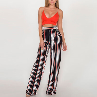 

2019 Fashion Womens Summer Casual High Waist Stripe Loose Trousers Crop Pants