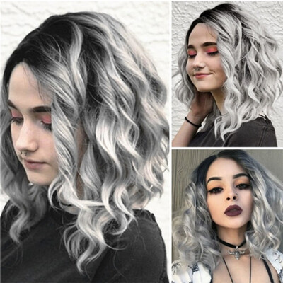 

Gobestart Short Wavy Bobo Human Hair Rose net Wig Glueless Front Wigs Gray Women