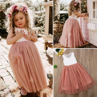 

US New Long Princess Girl Dress Flower Solid Baby Lace Party Gown Formal Dresses