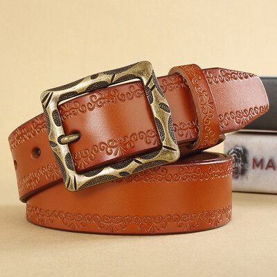 

New Korean casual mens leather belt Mens pure leather leather belt Pin buckle embossed decoration