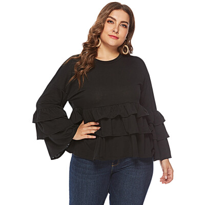 

Round Collar Long Bell Sleeve Flounce Layered Ruffle Solid Color Plus Size Women Blouse