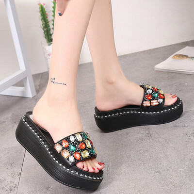 

Rose Slippers Casual Shoes Non-Slip Rhinestones Summer Thick Sandals