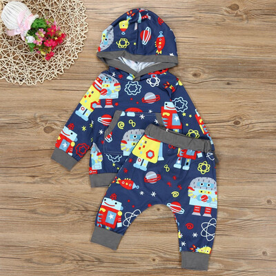 

Toddler Baby Boys Cartoon Print Sweatershirt Hooded Tops Pants Outfits Baby Set
