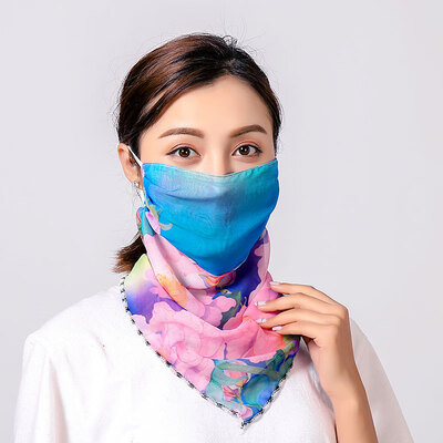 

19 summer sun protection neck chiffon mask female flowers antique elegant printing breathable mask square towel factory direct sales