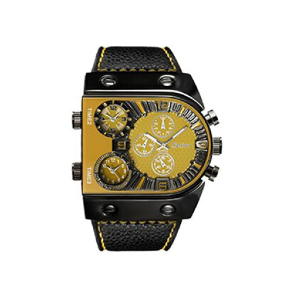 

OULM Men Three Time Zones Leather Band Quartz Watch Cool Big Dial Analog Wrist Watches