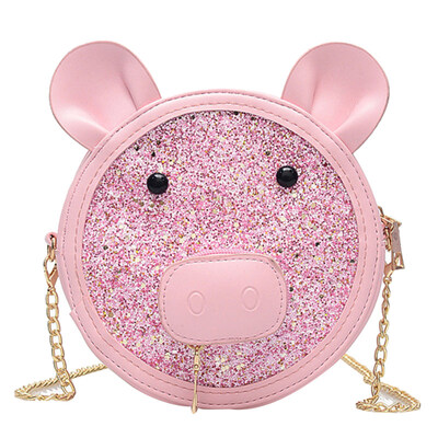 

Cute Women Cartoon Pig Sequined Faux Leather Small Round Crossbody Shoulder Bag