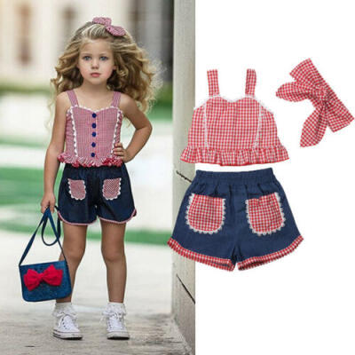 

3Pcs Toddler Kids Baby Girls Plaid Tops Short Pants Outfits Casual Clothes Sets
