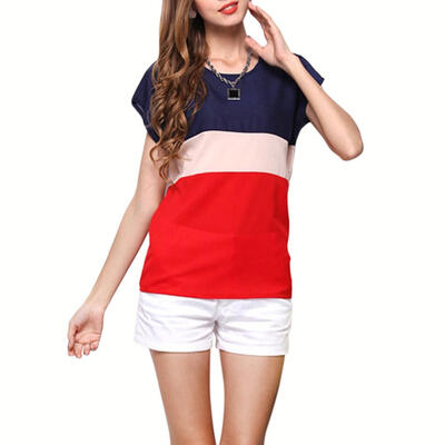 

Women Basic T-shirt Chiffon Stitching O-neck Short Sleeve Casual Top Tees