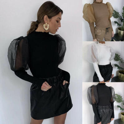 

Women Ladies Puff Mesh Sleeve Tops Pullover Sweater Blouse Loose Jumper Tops UK