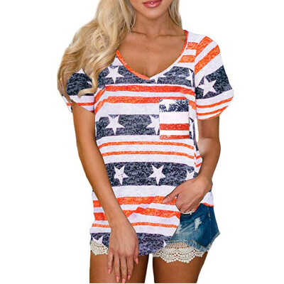 

Nomeni Womens Short Sleeve Patriotic Stripes Star American Flag Pocket T-Shirt Tops