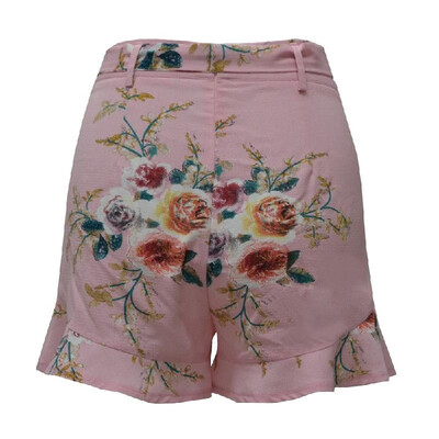 

New Women Floral Print Shorts High Waist Ruffle Ruched Side Pocket Zipper With Belt Shorts