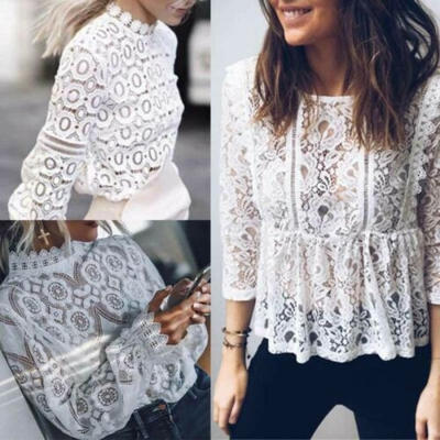

Women Hollow Lace Blouse O-neck Long Sleeve See Through T Shirt Sexy Tops New
