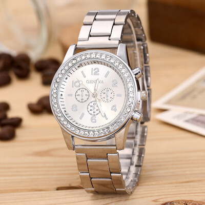 

Off-the-shelf Geneva steel belt fake three-eye belt diamond fashion alloy watch quartz watch