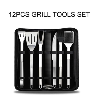 

12pcs BBQ Grill Tools Set Professional Grill Accessories Spatula Fork Basting Brush Tongs Stainless Steel Grill Barbecue Cook Acce
