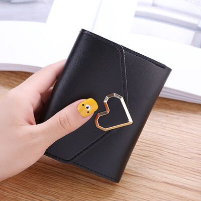 

Women Short Leather Wallets Metal Heart Shape Simple Three-fold Money Bag Coin Pockets Purse Card Holders Wallet Clutch Bag